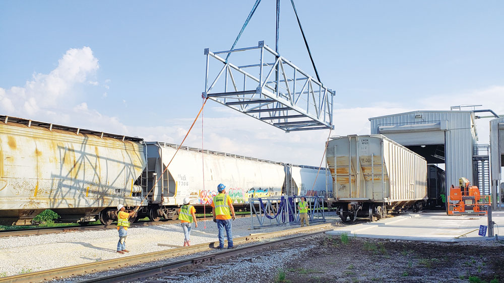 <b>A bridge is assembled as part of a rail unloading system installation project for Iowa Corn Processors, Inc., in Glidden, Iowa. Carl A. Nelson & Company was general contractor on this and other projects for ICP.  </b>(CANCO photo by Chris Clark)<br>
