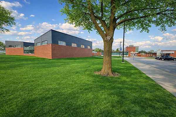 New music wing, left, and renovated secure entry, background right, at Keokuk High School.