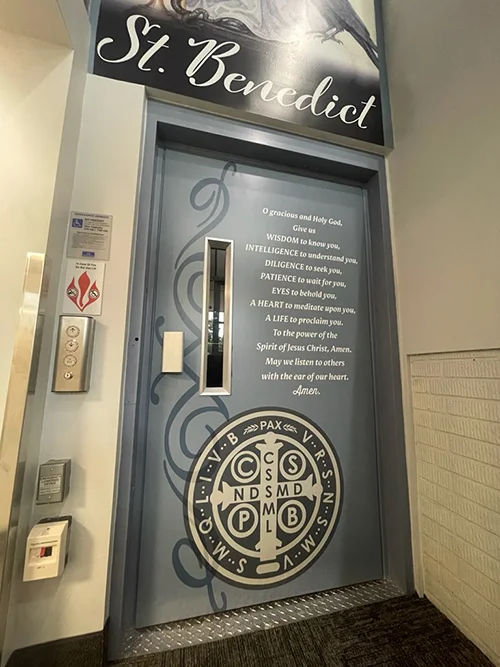 Wheelchair lift inside St. Benedict Catholic School, Decorah, Iowa. The installation was a design-build project of Carl A. Nelson & Company.