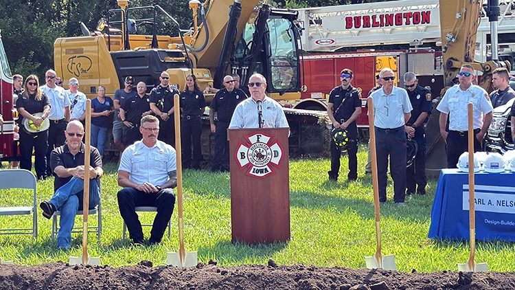 Burlington City Manager Chad Bird speaks at the Fire Station No. 3 groundbreaking.