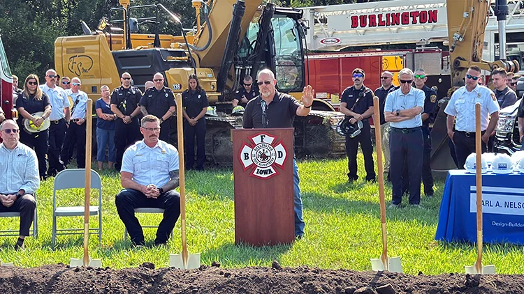 Burlington Mayor Jon Billups speaks at the Fire Station No. 3 groundbreaking.