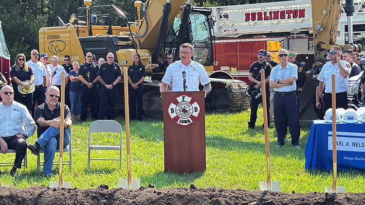Burlington Fire Chief Nathan Toops speaks at the Fire Station No. 3 groundbreaking.