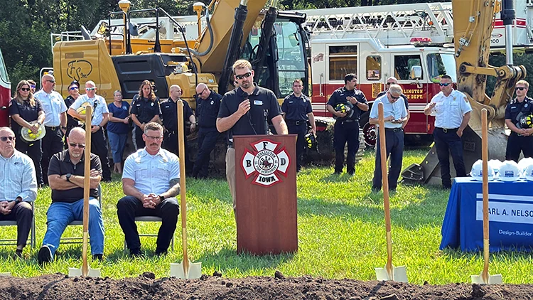 Carl A. Nelson & Company Project Manager Tad Morrow speaks at the Fire Station No. 3 groundbreaking.